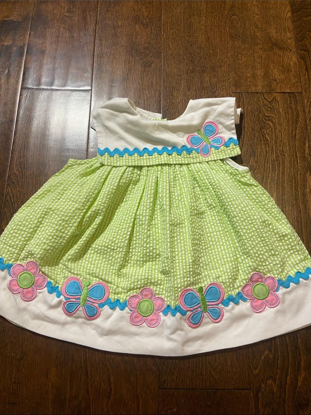 Vintage Samara dress baby butterflies seersucker fabric like green/white 18M